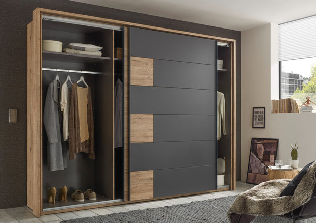 Pol-Power Dulap din pal cu 2 usi glisante Lines Grafit / Stejar, l280xA60xH215 cm