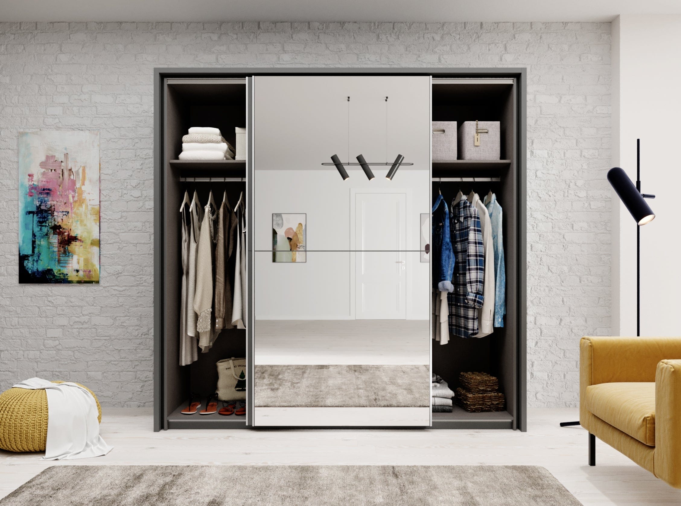 Pol-Power Dulap din pal cu 2 usi glisante si oglinda, Jaro Grafit, l225xA59xH215 cm