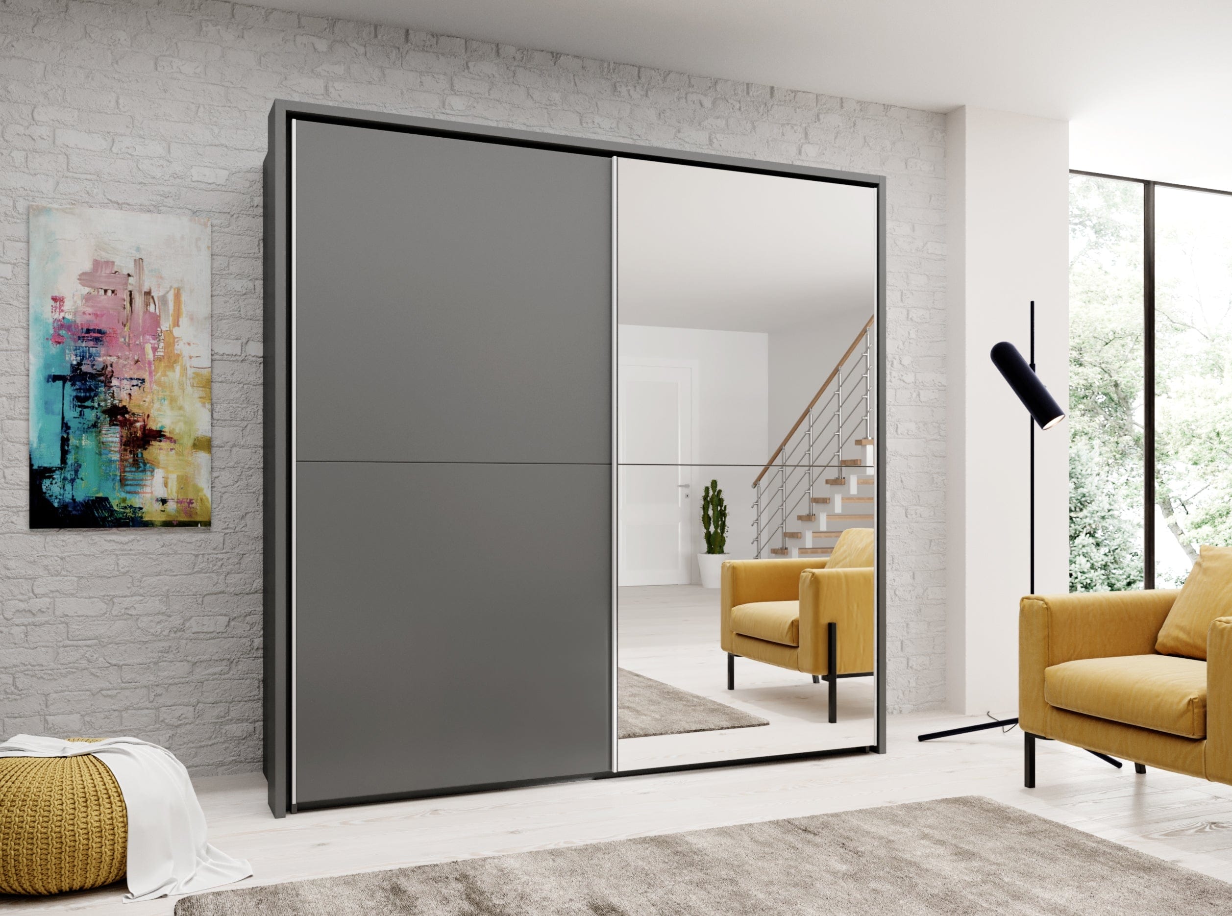 Pol-Power Dulap din pal cu 2 usi glisante si oglinda, Jaro Grafit, l225xA59xH215 cm