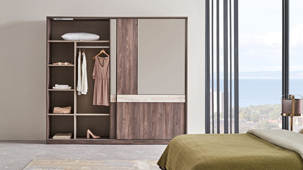 Dogtas Dulap din pal cu 2 usi glisante si oglinda, Piero Medium Nuc, l210,2xA67,4xH218,7 cm