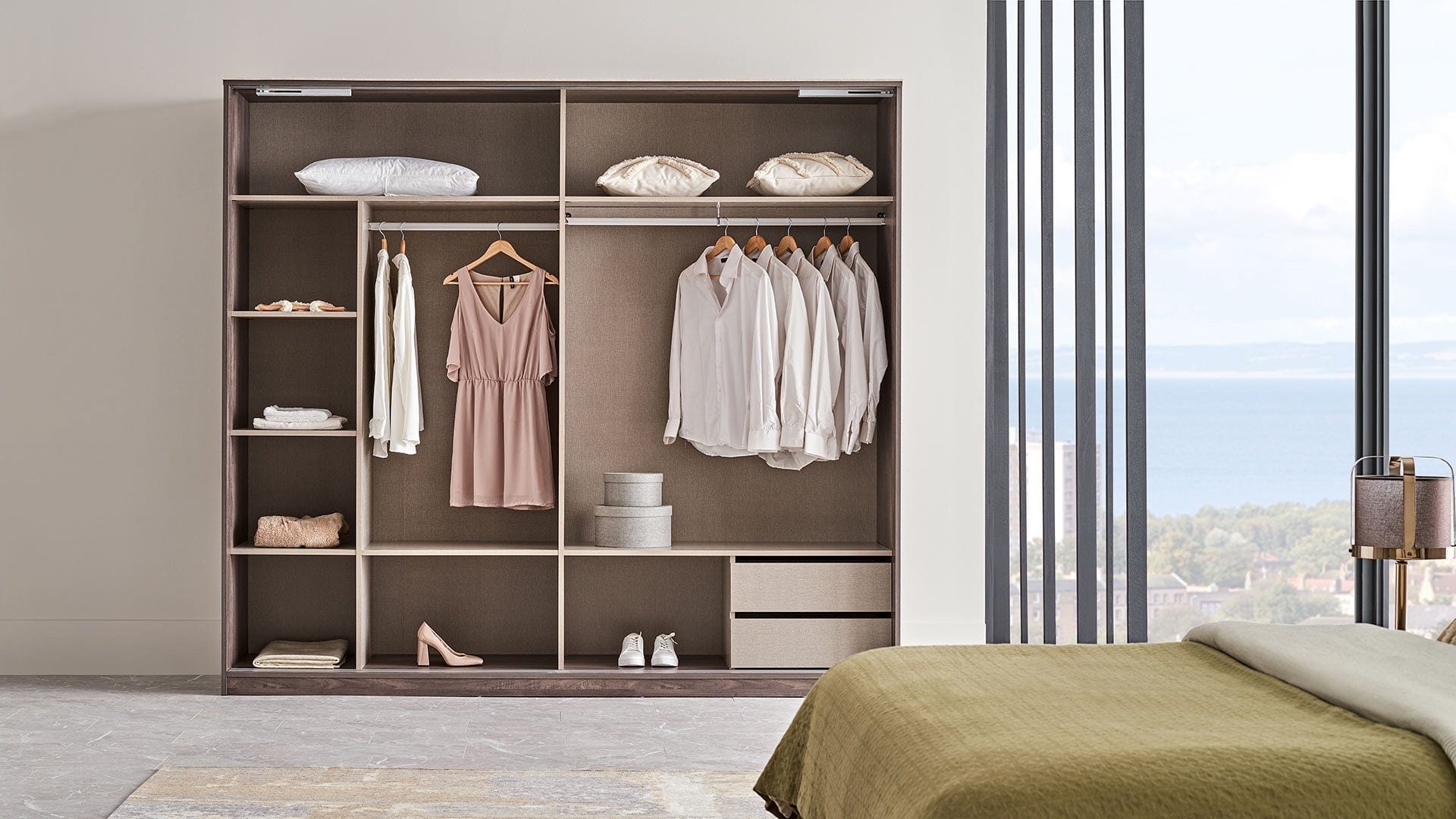 Dogtas Dulap din pal cu 2 usi glisante si oglinda, Piero Medium Nuc, l210,2xA67,4xH218,7 cm