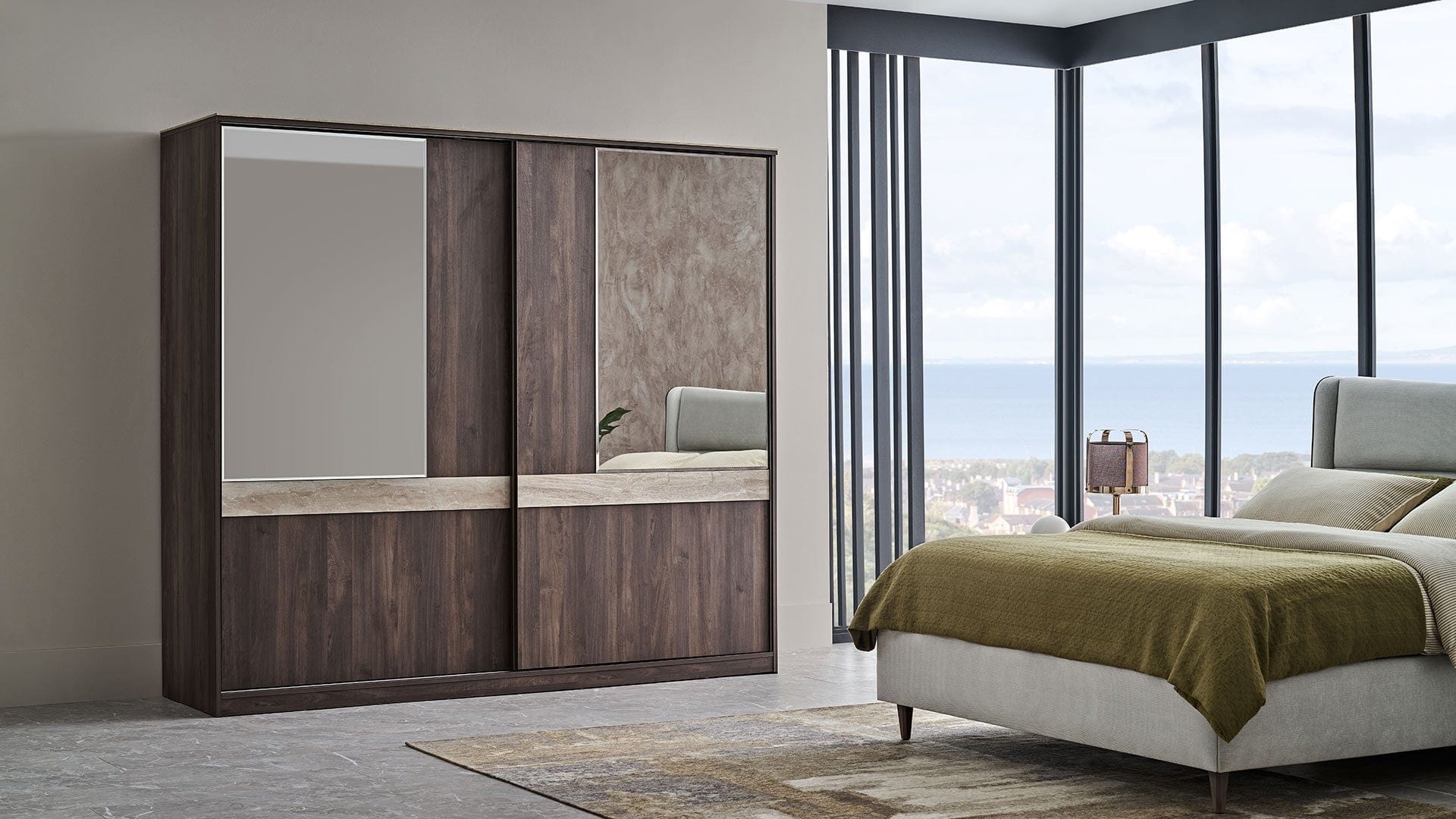 Dogtas Dulap din pal cu 2 usi glisante si oglinda, Piero Medium Nuc, l210,2xA67,4xH218,7 cm