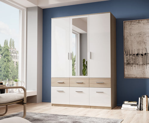 Pol-Power Dulap din pal cu 3 usi, 6 sertare si oglinda, Boxy Small Alb / Stejar, l135xA55xH198 cm