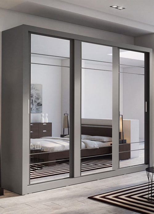 Lenart Dulap din pal cu 3 usi glisante si oglinda Arti 02 Triple Gri, l250xA60xH215 cm