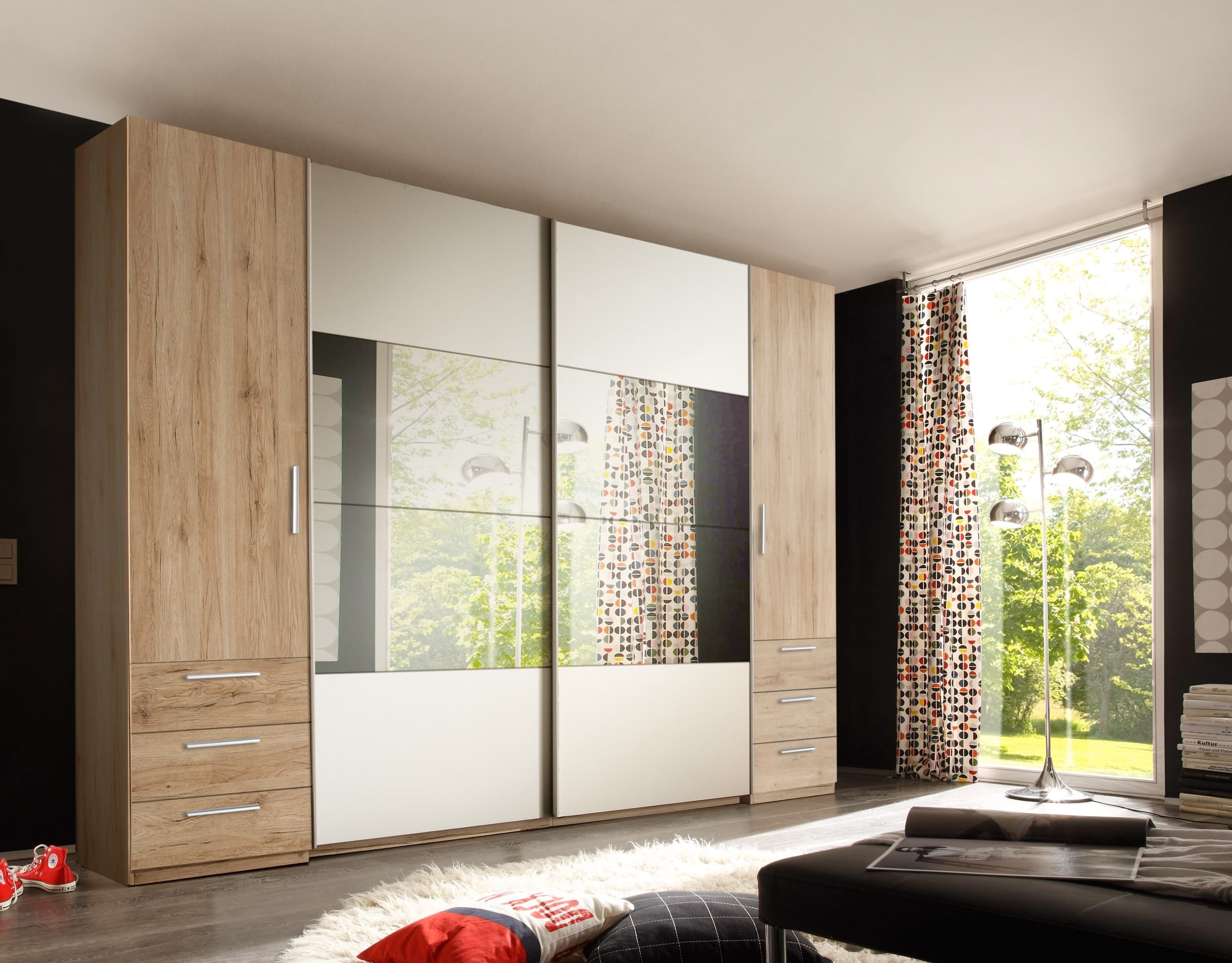 Pol-Power Dulap din pal cu 4 usi, 6 sertare si oglinda, Stuart Stejar deschis / Alb, l266,9xA58xH225,5 cm