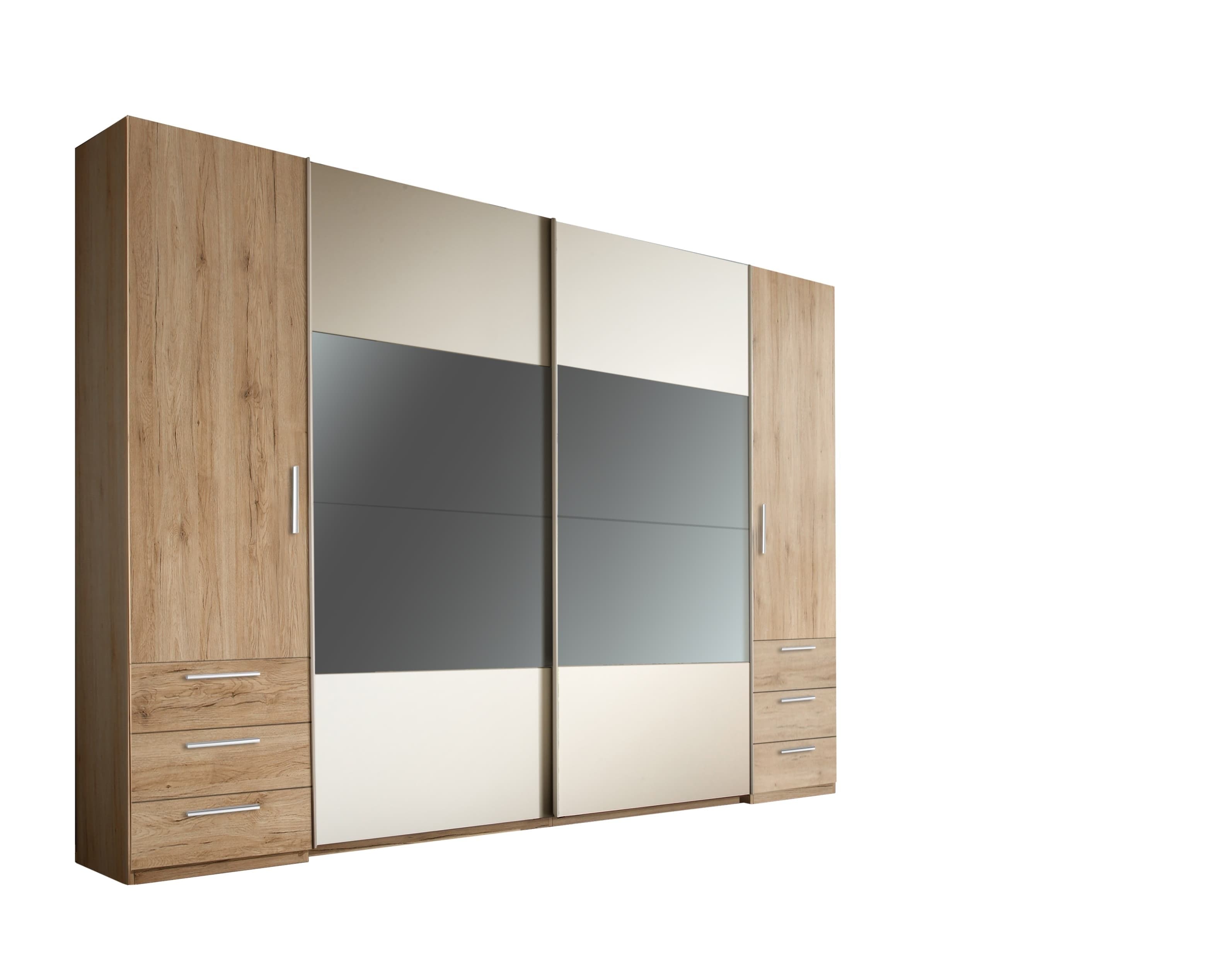 Pol-Power Dulap din pal cu 4 usi, 6 sertare si oglinda, Stuart Stejar deschis / Alb, l266,9xA58xH225,5 cm