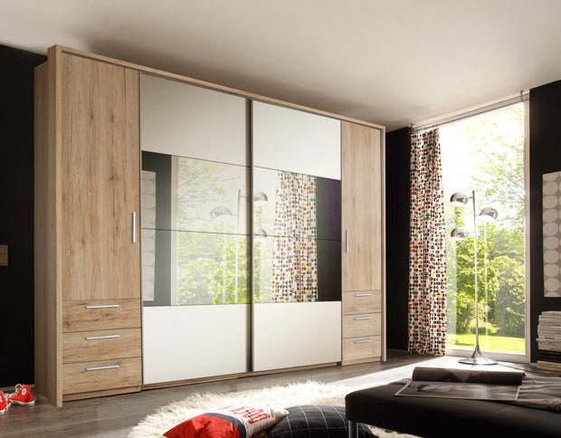 Pol-Power Dulap din pal cu 4 usi, 6 sertare si oglinda, Stuart Stejar deschis / Alb, l276xA58xH230 cm