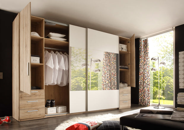 Pol-Power Dulap din pal cu 4 usi, 6 sertare si oglinda, Stuart Stejar deschis / Alb, l276xA58xH230 cm