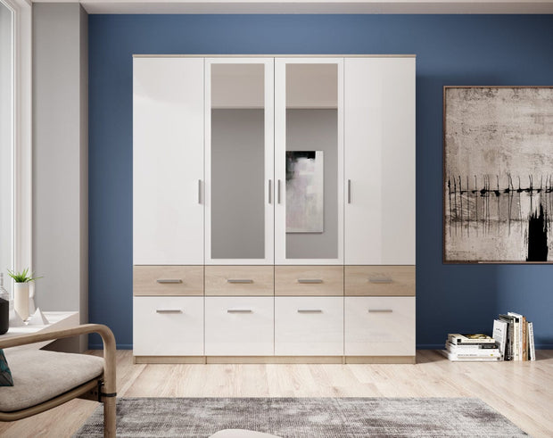 Pol-Power Dulap din pal cu 4 usi, 8 sertare si oglinda, Boxy Large Alb / Stejar, l180xA55xH198 cm