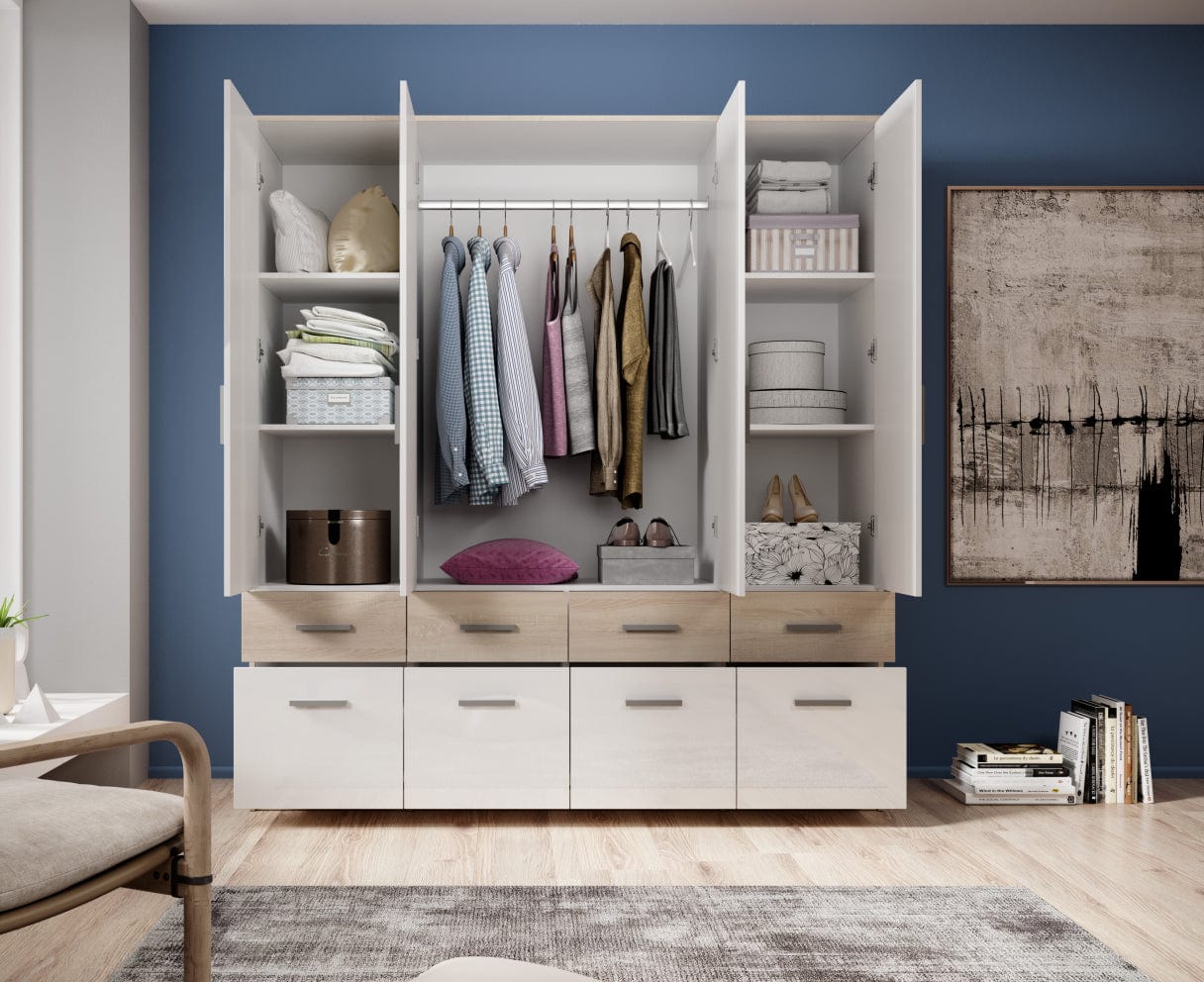 Pol-Power Dulap din pal cu 4 usi, 8 sertare si oglinda, Boxy Large Alb / Stejar, l180xA55xH198 cm