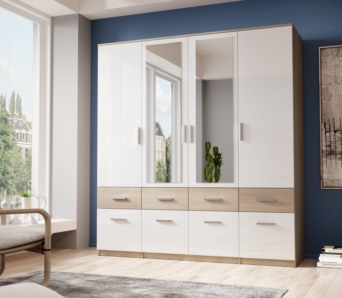 Pol-Power Dulap din pal cu 4 usi, 8 sertare si oglinda, Boxy Large Alb / Stejar, l180xA55xH198 cm