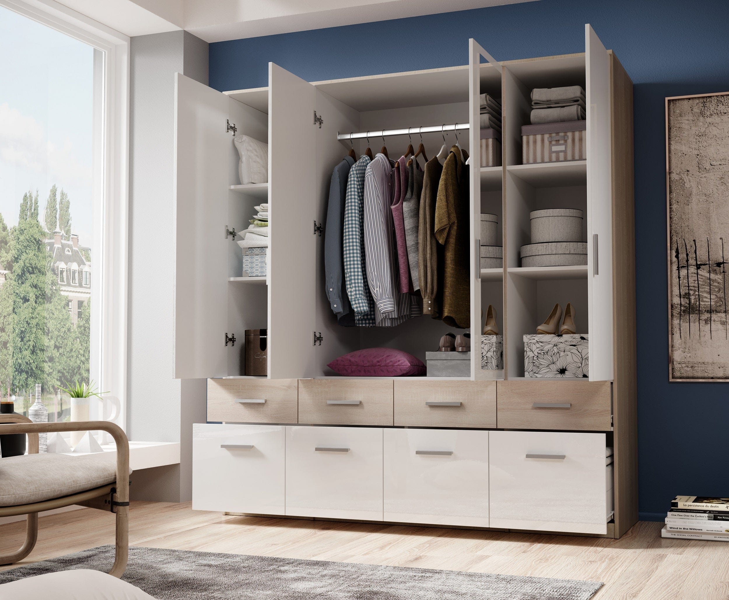 Pol-Power Dulap din pal cu 4 usi, 8 sertare si oglinda, Boxy Large Alb / Stejar, l180xA55xH198 cm