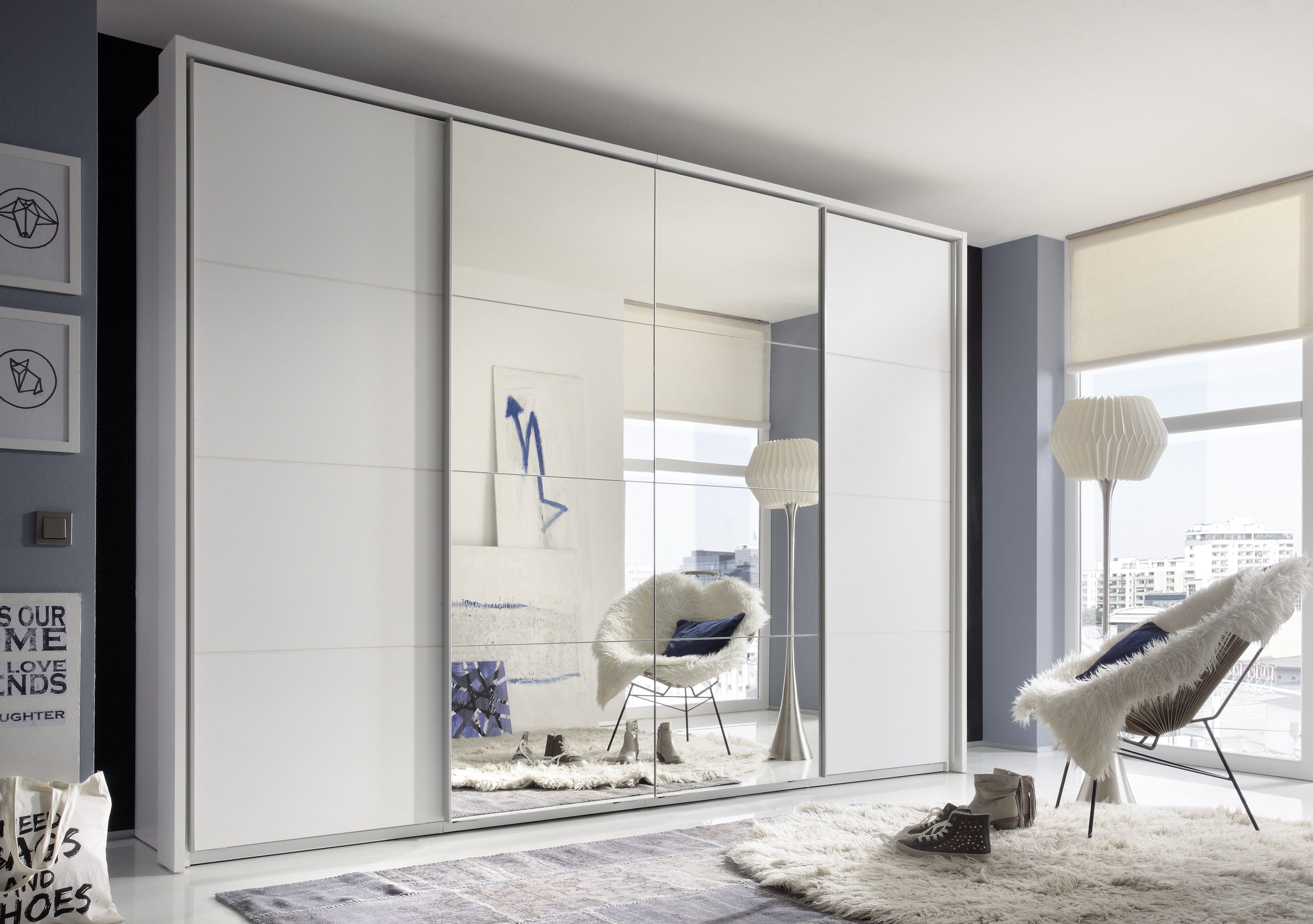 Pol-Power Dulap din pal cu 4 usi glisante si oglinda, Sincron I Alb, l325xA62xH230 cm