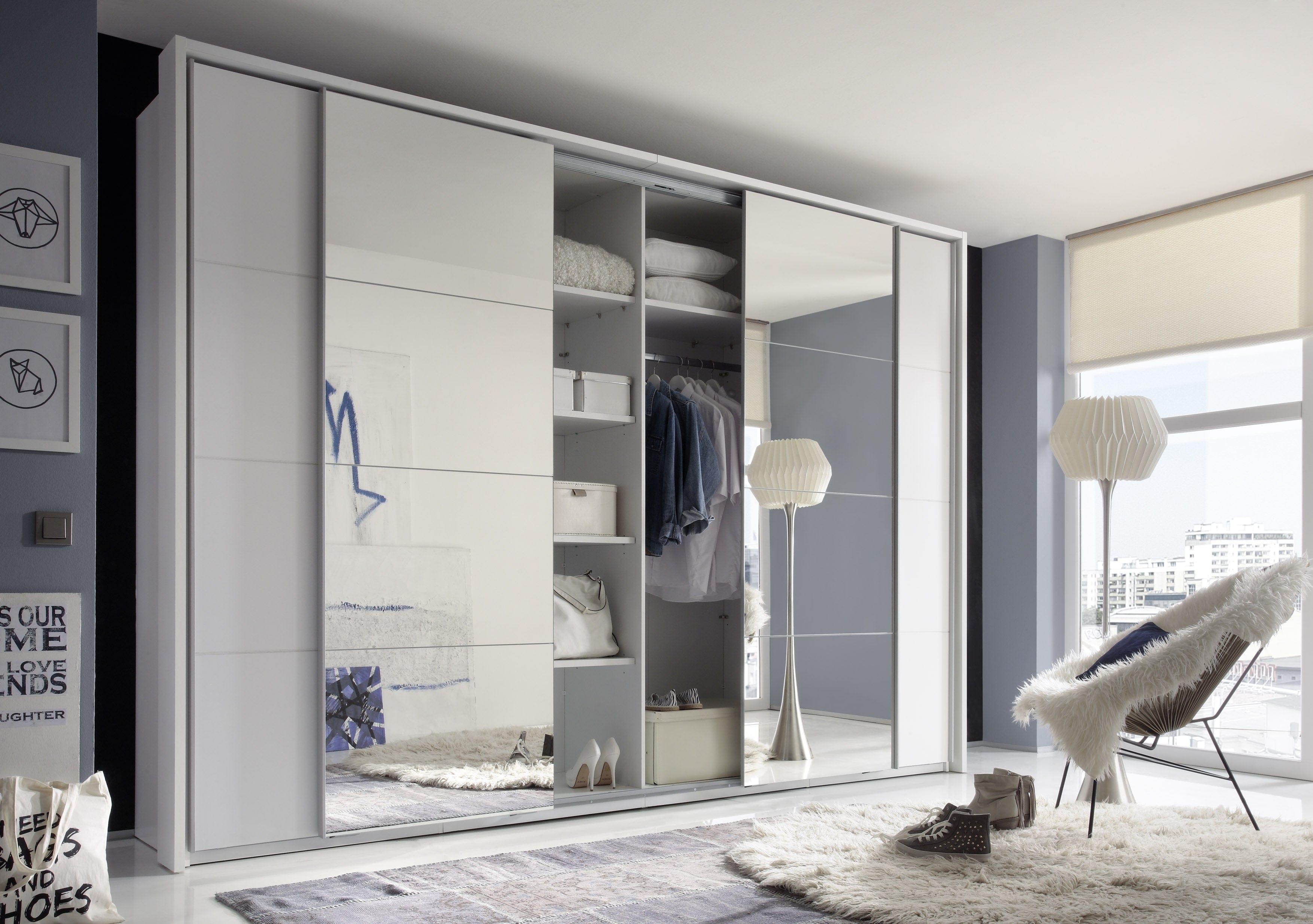 Pol-Power Dulap din pal cu 4 usi glisante si oglinda, Sincron I Alb, l325xA62xH230 cm