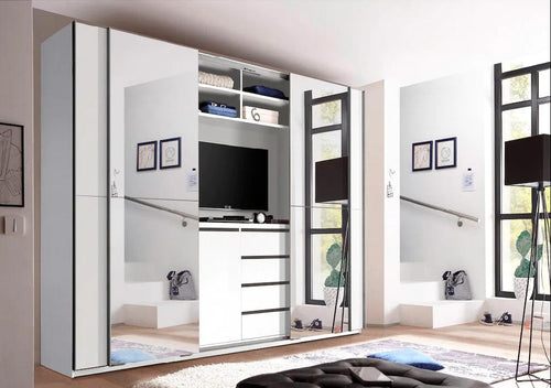 Pol-Power Dulap din pal cu 4 usi glisante si oglinda, Ynema Alb, l270xA60xH226 cm