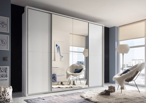 Pol-Power Dulap din pal cu 4 usi glisante si oglinda, Ynema Alb, l280xA60xH230 cm