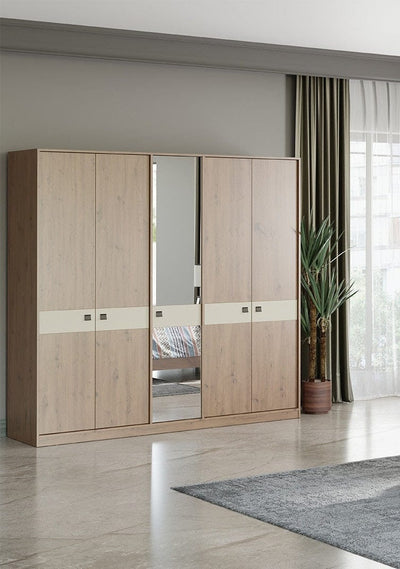 Dogtas Dulap din pal cu 5 usi si oglinda, Mayer Dafne Natural, l223,3xA61,5xH219,4 cm