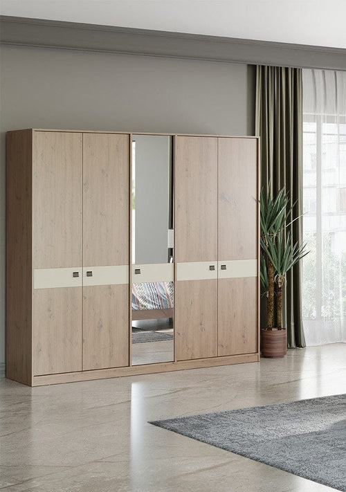 Dogtas Dulap din pal cu 5 usi si oglinda, Mayer Dafne Natural, l223,3xA61,5xH219,4 cm