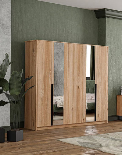 Dogtas Dulap din pal cu 5 usi si oglinda, Solid Natural, l228,3xA60,3xH220,4 cm