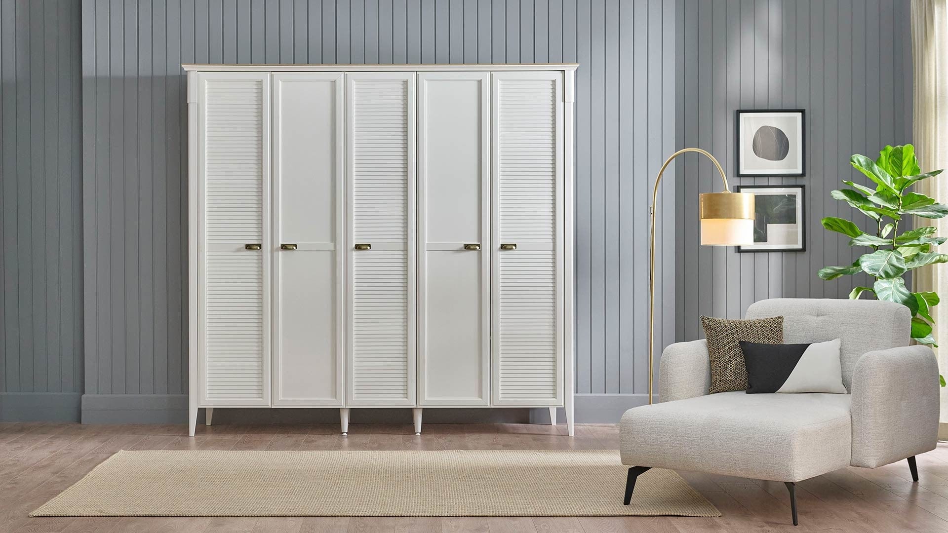 Dogtas Dulap din pal cu 5 usi, Toscana Moonstone Ivoir, l237,5xA63,5xH222,4 cm