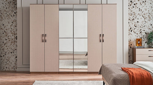 Dogtas Dulap din pal cu 6 usi si oglinda, Nova Cappuccino / Nuc, l267,8xA59,6xH218,7 cm