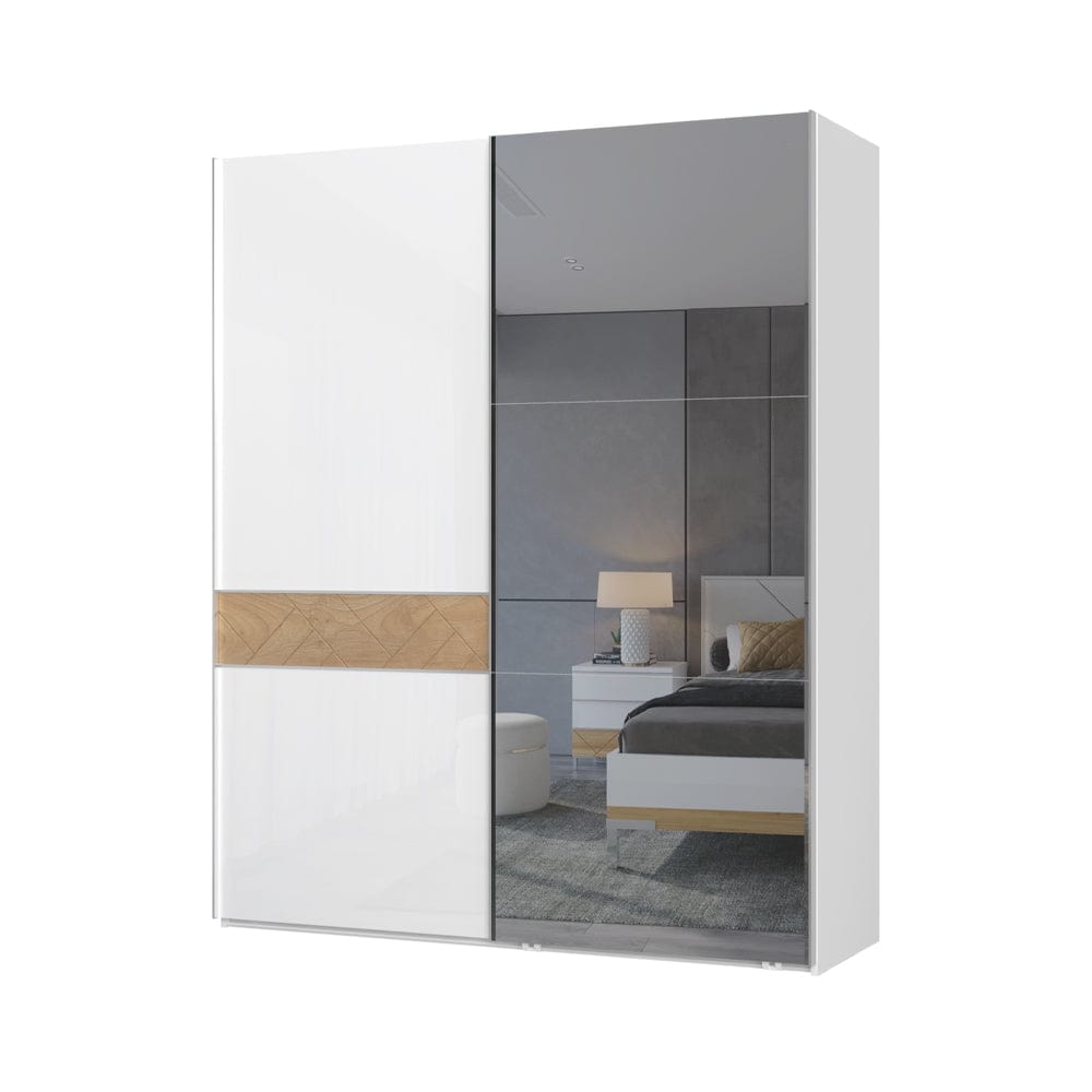 Jela Dulap din pal si MDF, cu 2 usi glisante si oglinda, Avis PK181-OG/AV Small Alb / Nuc Pacific, l182xA61xH224 cm