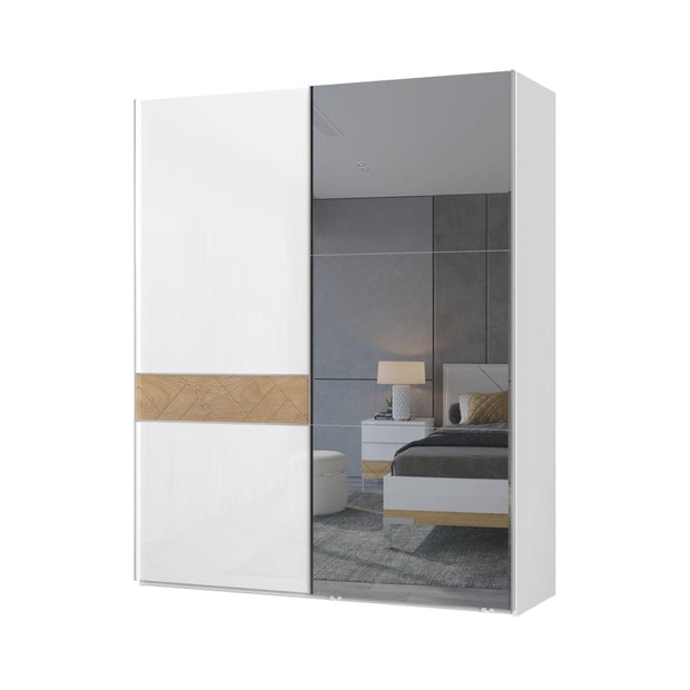 Jela Dulap din pal si MDF, cu 2 usi glisante si oglinda, Avis PK181-OG/AV Small Alb / Nuc Pacific, l182xA61xH224 cm