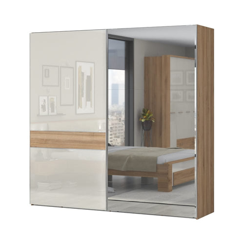 Jela Dulap din pal si MDF, cu 2 usi glisante si oglinda, Gala Medium PK231-OG/GL Bej / Nuc Pacific, l230xA61xH224 cm