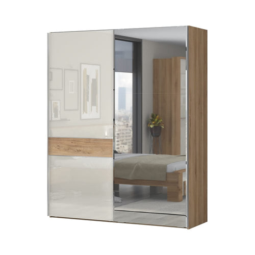 Jela Dulap din pal si MDF, cu 2 usi glisante si oglinda, Gala Small PK181-OG/GL Bej / Nuc Pacific, l182xA61xH224 cm