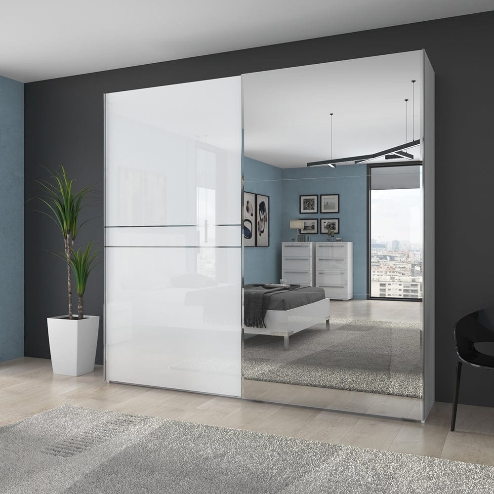 Jela Dulap din pal si MDF, cu 2 usi glisante si oglinda, Piano PK231-OG/PN Medium Alb, l230xA61xH224 cm