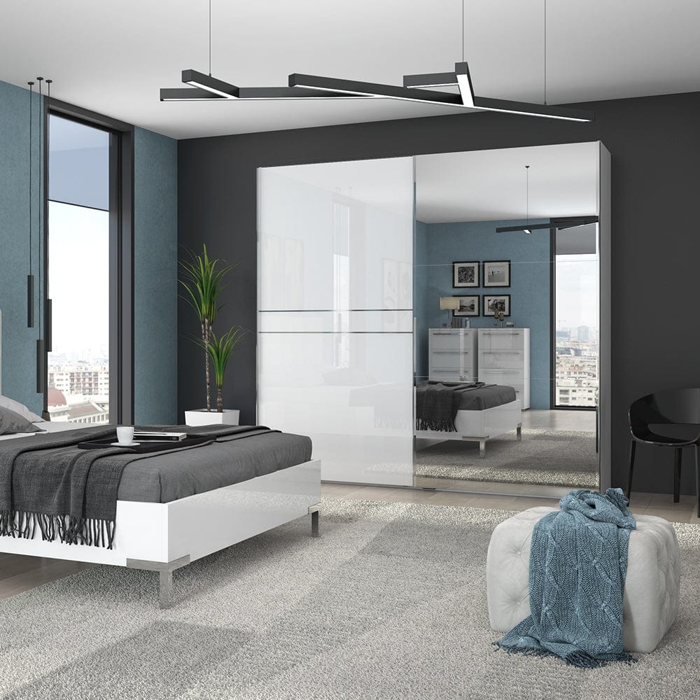 Dulap din pal si MDF, cu 2 usi glisante si oglinda, Piano PK231-OG/PN Medium Alb, l230xA61xH224 cm (1)