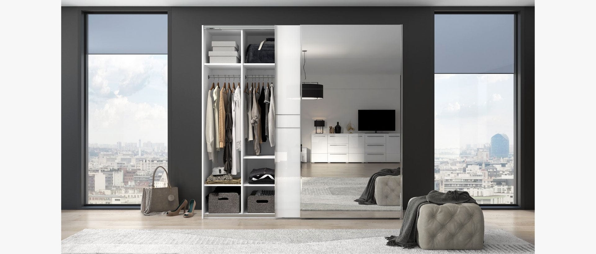 Jela Dulap din pal si MDF, cu 2 usi glisante si oglinda, Piano PK231-OG/PN Medium Alb, l230xA61xH224 cm