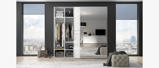 Jela Dulap din pal si MDF, cu 2 usi glisante si oglinda, Piano PK231-OG/PN Medium Alb, l230xA61xH224 cm