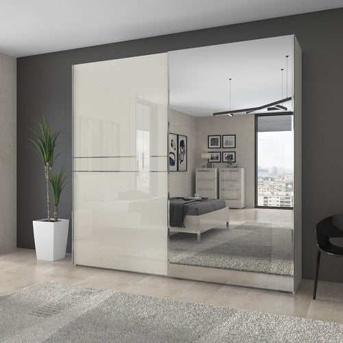 Jela Dulap din pal si MDF, cu 2 usi glisante si oglinda, Piano PK231-OG/PN Medium Bej, l230xA61xH224 cm