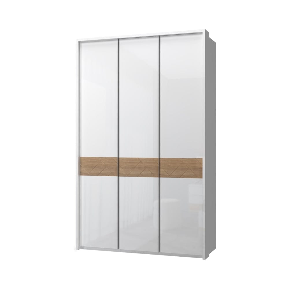 Jela Dulap din pal si MDF, cu 3 usi, Avis Stripes P3A/AV Alb / Nuc Pacific, l142xA60xH227 cm