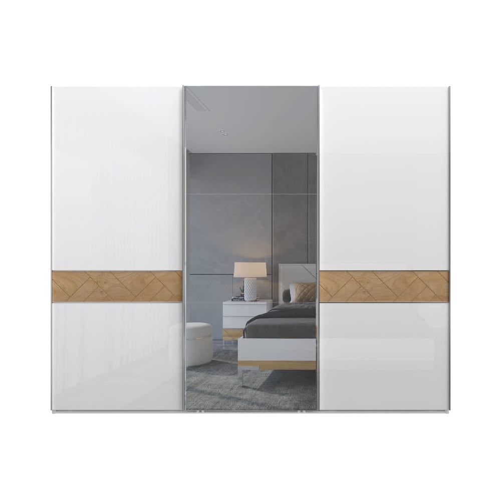 Jela Dulap din pal si MDF, cu 3 usi glisante si oglinda, Avis PK281-OG/AV Large Alb / Nuc Pacific, l272xA61xH224 cm