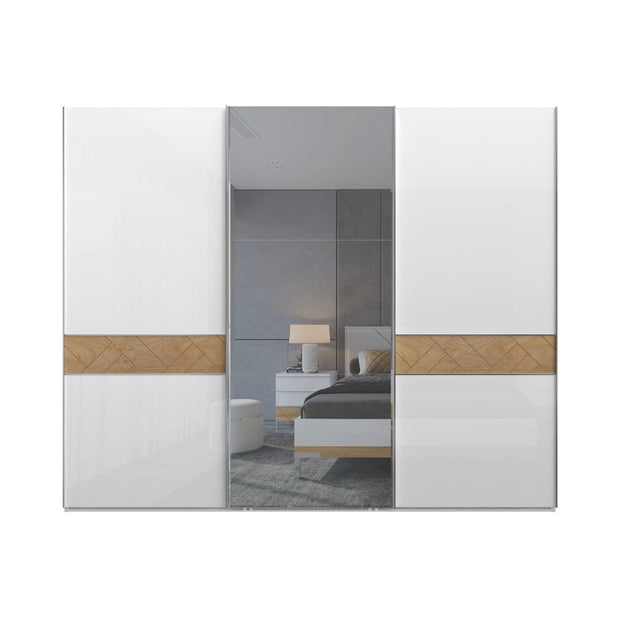 Jela Dulap din pal si MDF, cu 3 usi glisante si oglinda, Avis PK281-OG/AV Large Alb / Nuc Pacific, l272xA61xH224 cm