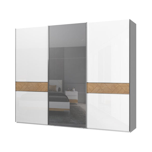 Jela Dulap din pal si MDF, cu 3 usi glisante si oglinda, Avis PK281-OG/AV Large Alb / Nuc Pacific, l272xA61xH224 cm