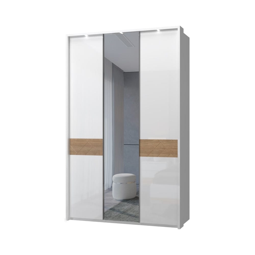 Jela Dulap din pal si MDF, cu 3 usi, oglinda si LED inclus, Avis Stripes P3B-1OG/AV Alb / Nuc Pacific, l142xA60xH227 cm