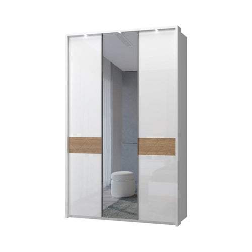 Jela Dulap din pal si MDF, cu 3 usi, oglinda si LED inclus, Avis Stripes P3B-1OG/AV Alb / Nuc Pacific, l142xA60xH227 cm