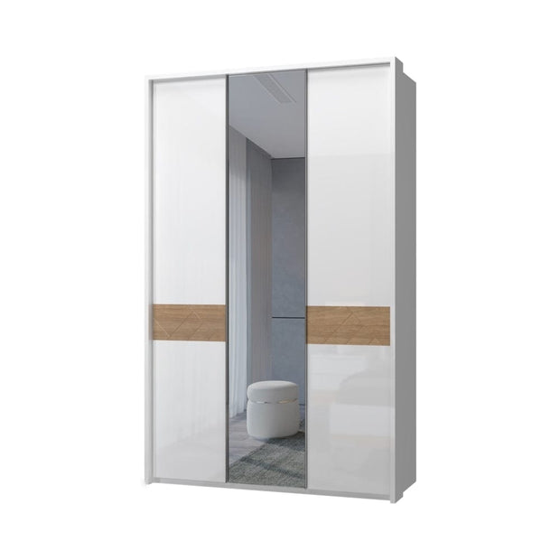 Jela Dulap din pal si MDF, cu 3 usi si oglinda, Avis Stripes P3A-1OG/AV Alb / Nuc Pacific, l142xA60xH227 cm