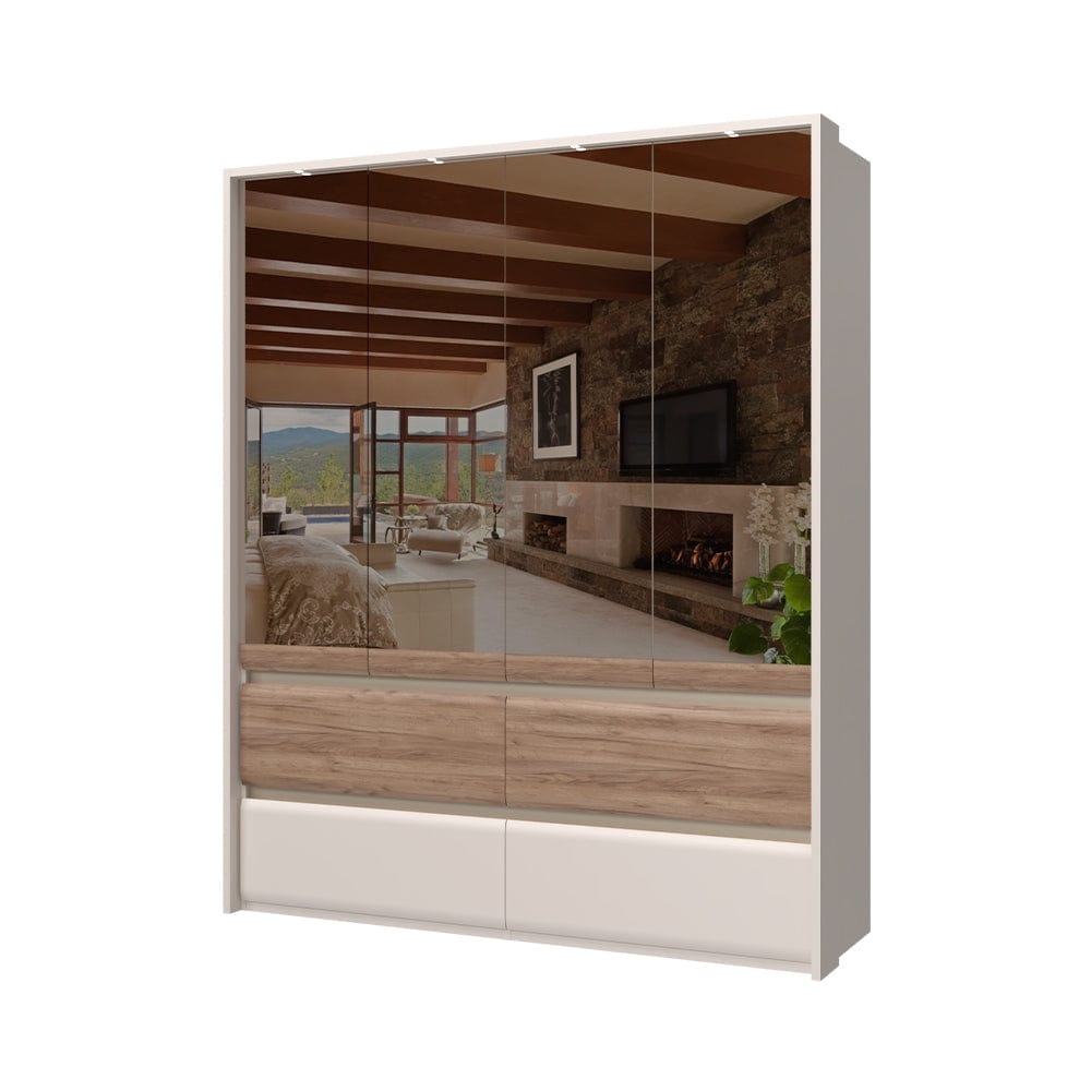 Jela Dulap din pal si MDF, cu 4 usi, 4 sertare, oglinda si LED inclus, Invictus Mirror P44-4OG/IC Stejar Tobacco / Crem, l187xA60xH226 cm