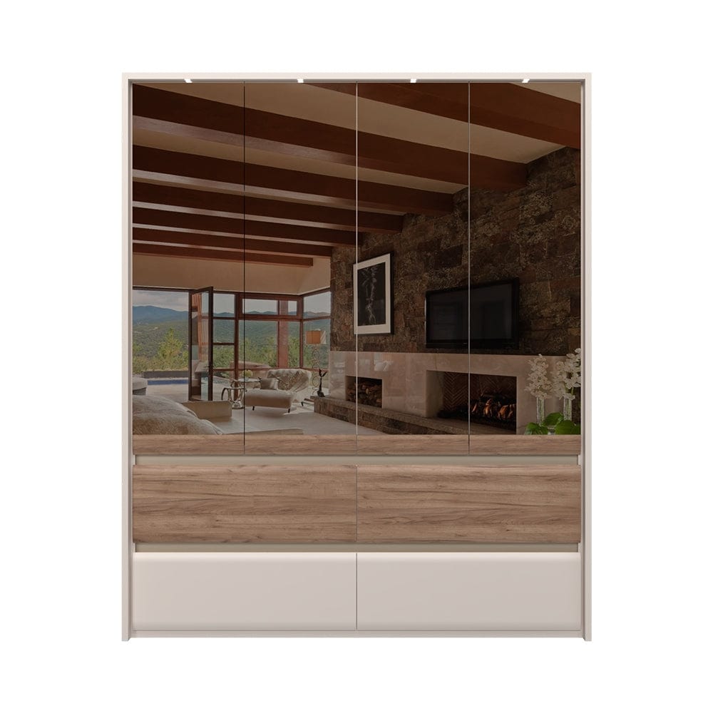 Jela Dulap din pal si MDF, cu 4 usi, 4 sertare, oglinda si LED inclus, Invictus Mirror P44-4OG/IC Stejar Tobacco / Crem, l187xA60xH226 cm