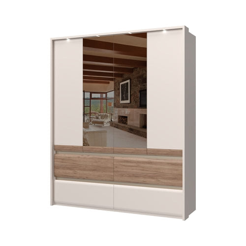 Jela Dulap din pal si MDF, cu 4 usi, 4 sertare, oglinda si LED inclus, Invictus Two Mirror P44-2OG/IC Stejar Tobacco / Crem, l187xA60xH226 cm