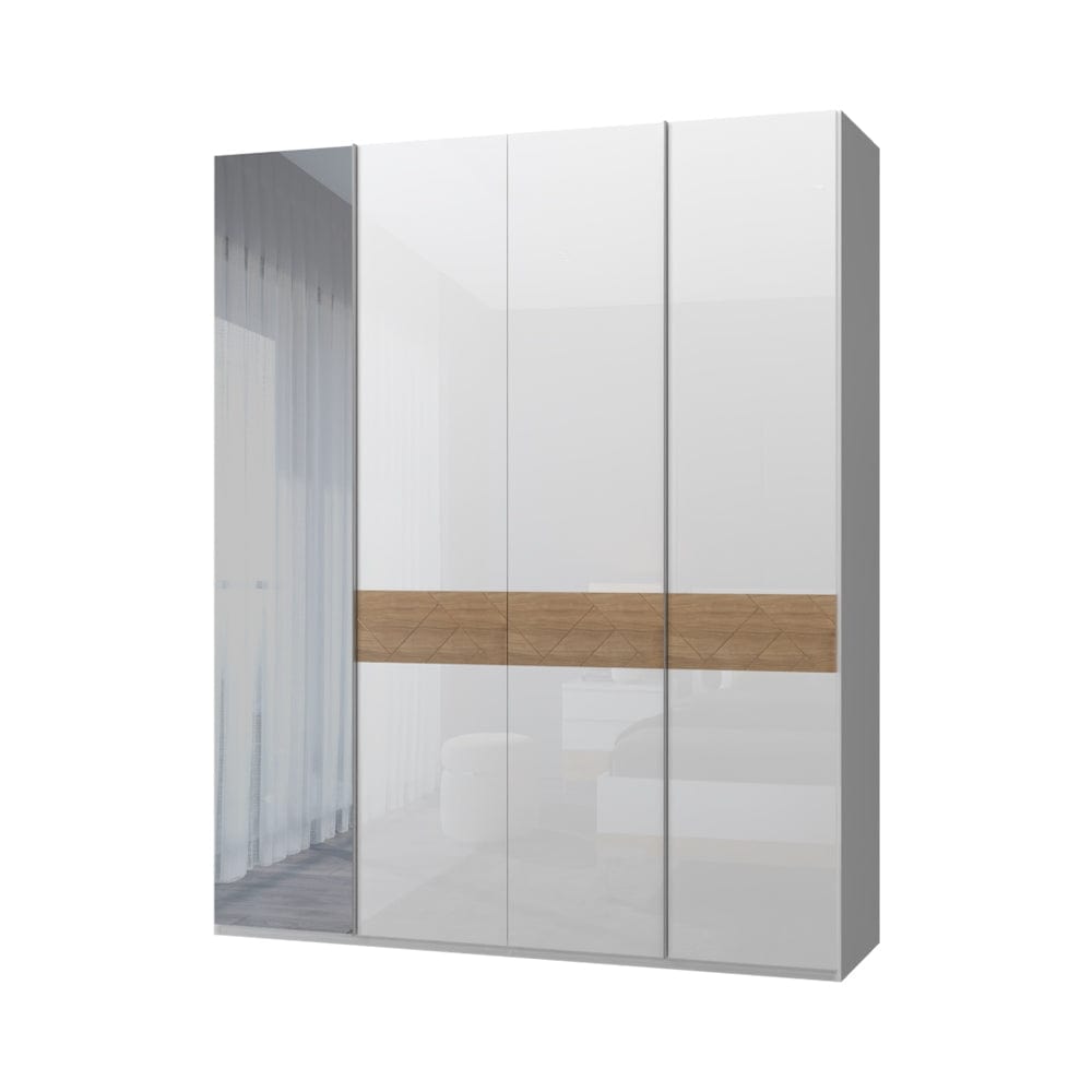 Jela Dulap din pal si MDF, cu 4 usi si oglinda, Avis P4-1OG/AV Alb / Nuc Pacific, l182xA56xH224 cm