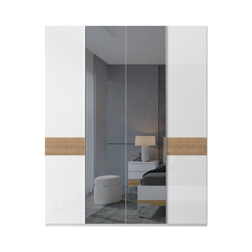 Jela Dulap din pal si MDF, cu 4 usi si oglinda, Avis P4-2OG-2/AV Alb / Nuc Pacific, l182xA56xH224 cm