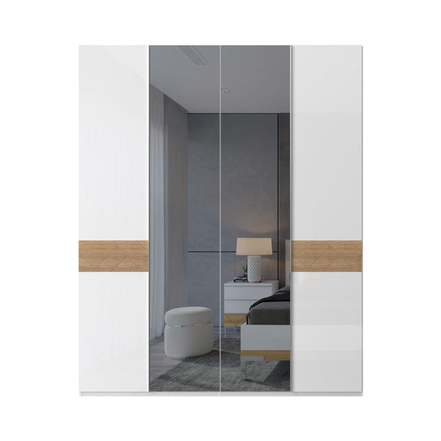 Jela Dulap din pal si MDF, cu 4 usi si oglinda, Avis P4-2OG-2/AV Alb / Nuc Pacific, l182xA56xH224 cm