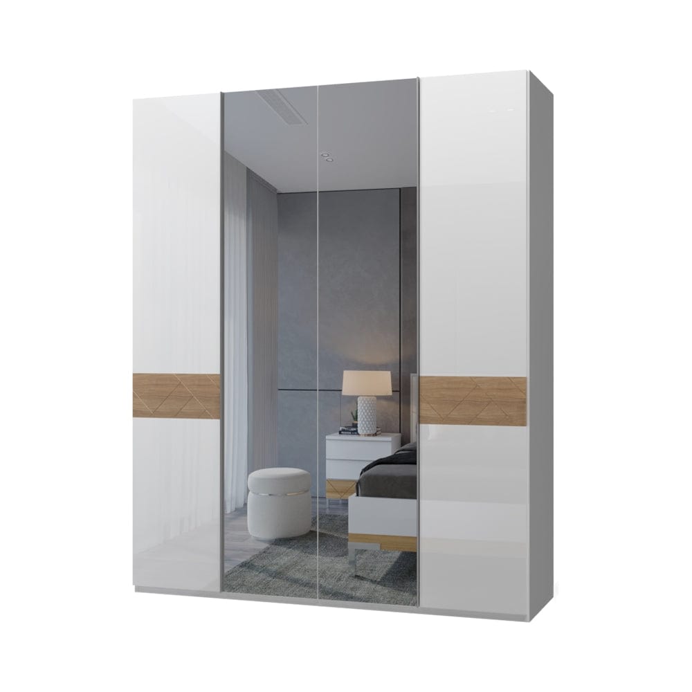 Jela Dulap din pal si MDF, cu 4 usi si oglinda, Avis P4-2OG-2/AV Alb / Nuc Pacific, l182xA56xH224 cm