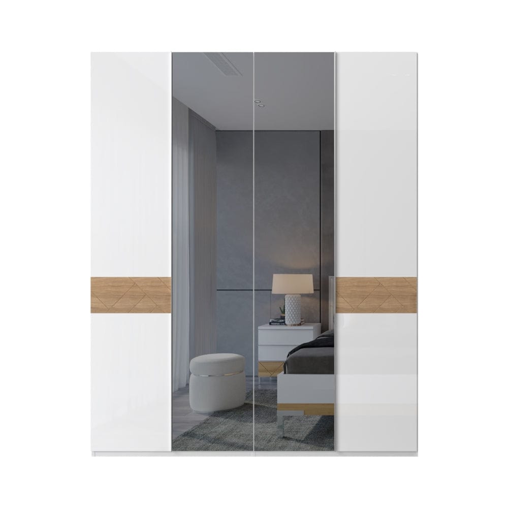 Jela Dulap din pal si MDF, cu 4 usi si oglinda, Avis P4-2OG/AV Alb / Nuc Pacific, l182xA56xH224 cm