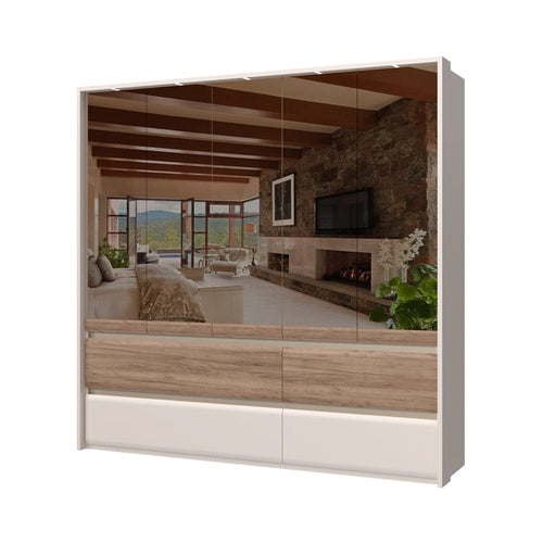 Jela Dulap din pal si MDF, cu 5 usi, 4 sertare, oglinda si LED inclus, Invictus Mirror P54-5OG/IC Stejar Tobacco / Crem, l232xA60xH226 cm